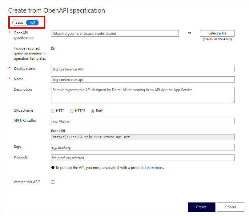 The OpenAPI dialog box. Fields are detailed in the following table.