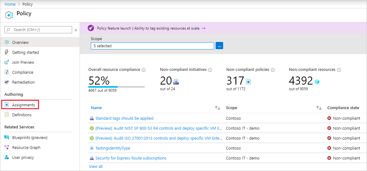 Screenshot showing how to configure assignments in the Policy page.