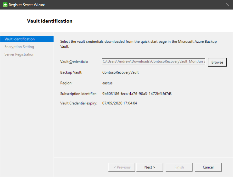 A screenshot of the Vault Identification page of the Register Server Wizard. The Vault Credentials have been populated..