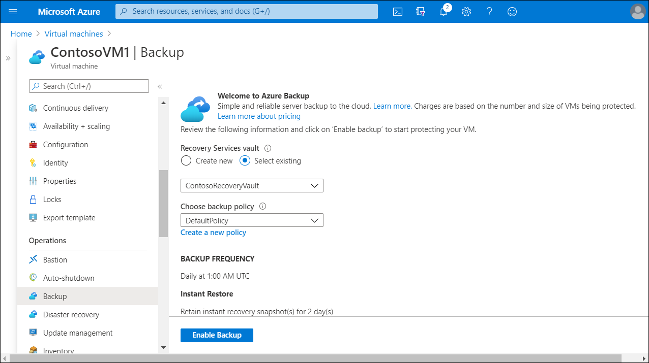 A screenshot of the ContosoVM1 virtual machine Backup blade. The Recovery Services vault ContosoRecoveryVault is selected.