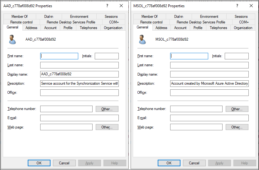 A screenshot of Active Directory Users and Computers. The administrator has opened two accounts: MSOL_c778af008d92 and AAD_c778af008d92. The General tab is selected for both accounts.  