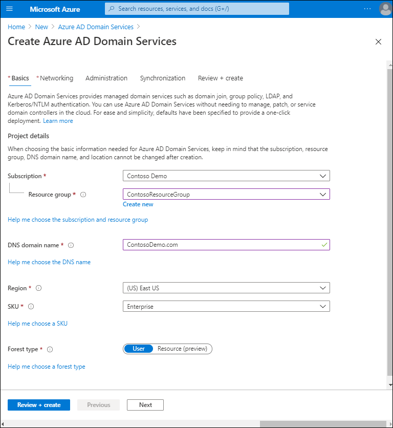 A screenshot of the Basics tab in the Create Microsoft Entra Domain Services Wizard in the Azure portal. The settings have been defined as follows: Resource group is ContosoResourceGroup, DNS domain name is ContosoDemo.com, and SKU is Enterprise.