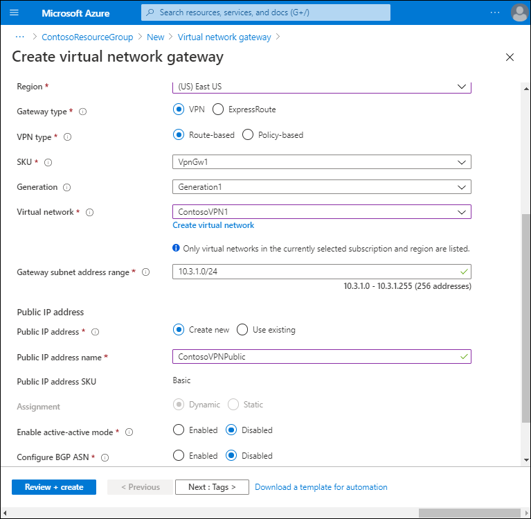 A screenshot of the Create a virtual network gateway page. The administrator has selected the Gateway subnet address range (10.3.1.0/24) and has opted to create a new Public IP address called ContosoVPNPublic. Other options are disabled..