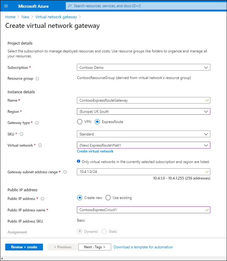 A screenshot of the Create virtual network gateway blade. The administrator has configured the values described in the preceding text.