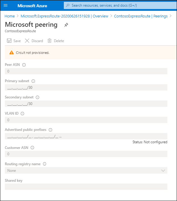 A screenshot pf the Microsoft peering blade. No values can be configured as the circuit is not provisioned. However, configurable values are as previously described.