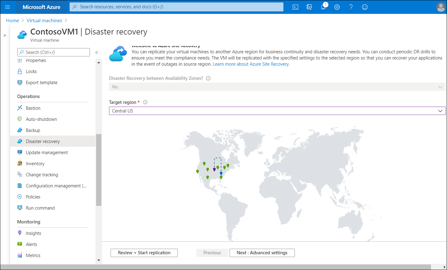 A screenshot of the Disaster recovery blade for the ContosoVM1 virtual machine. Central US has been selected as the Target region. A map displays with this region highlighted.