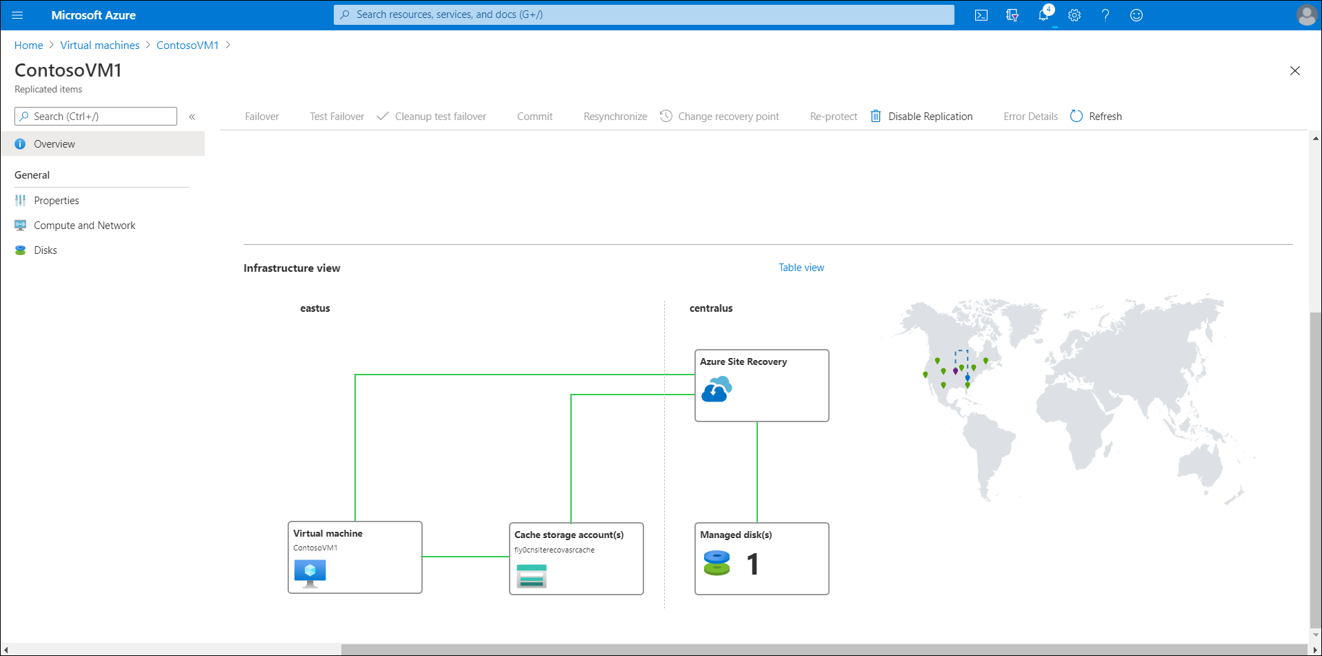 A screenshot of the Disaster recovery blade for the ContosoVM1 virtual machine. The administrator has selected Overview. The Infrastructure view displays. A topographical map displays the resources, and a geographic map highlights the selected regions. Currently, a Test Failover is in progress following initial setup.