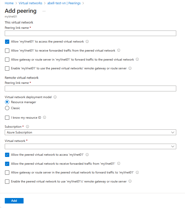 Screenshot of virtual network peering configuration page.