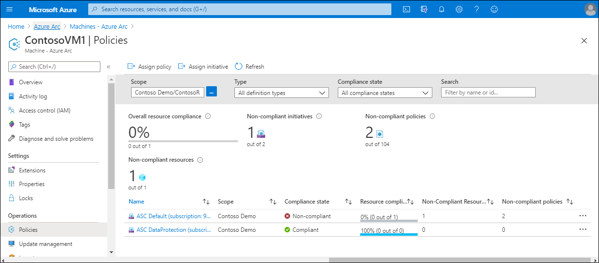 A screenshot of the applied policies on a VM. Two policies are applied, one of which the VM (ContosoVM1) is compliant, and the other non-compliant.