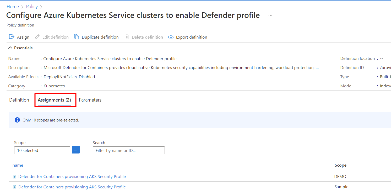 Screenshot showing assignments that are configured in the Policy definition page.