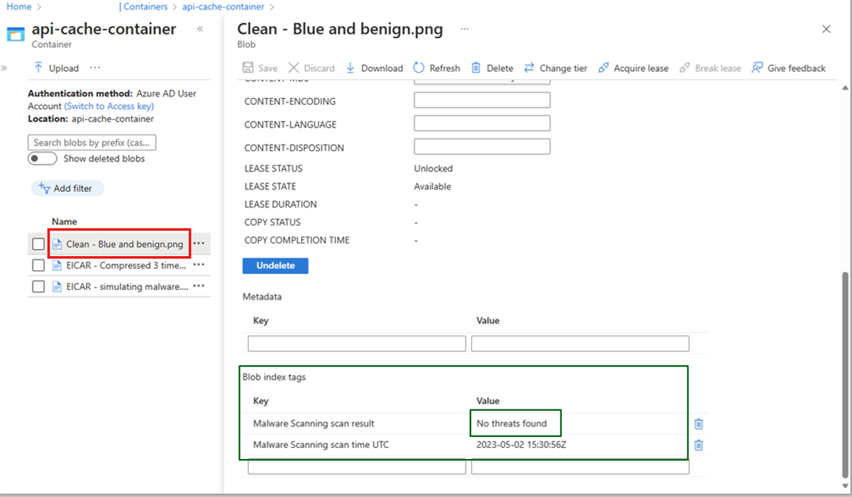 Screenshot showing Malware Scanning results and malware scanning Coordinated Universal Time in the blob metadata.