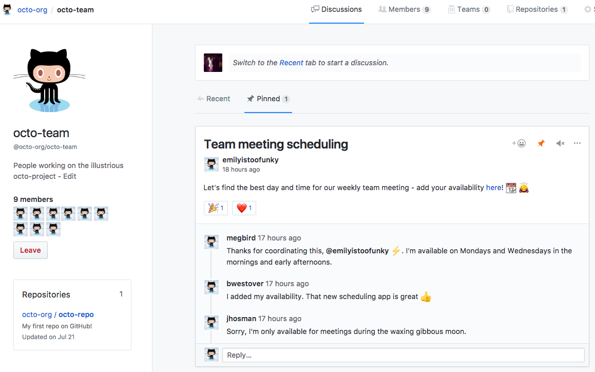 Screenshot of GitHub team discussion feature.