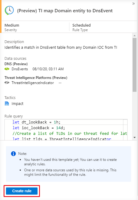 Screenshot showing an example of the analytics rule template in Microsoft Sentinel.