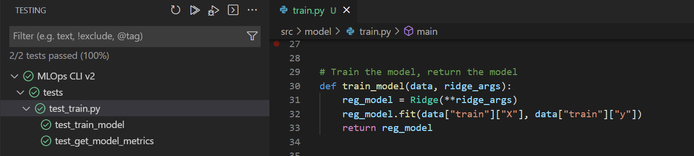 Screenshot of successful unit test results in Visual Studio Code.