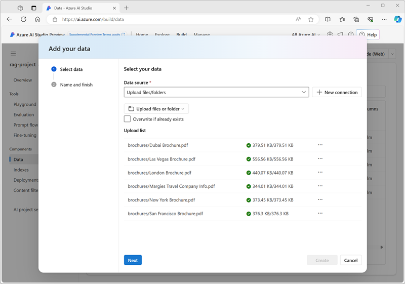 Screenshot of the Add Data dialog in Azure AI Studio.