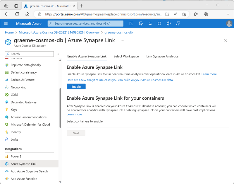 A screenshot showing the option to enable Azure Synapse Link for a Cosmos DB for NoSQL account.