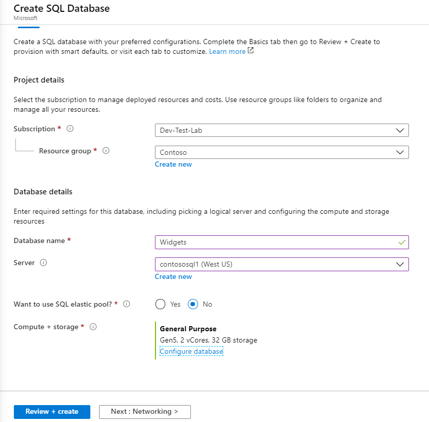 Create SQL Database blade of Azure portal