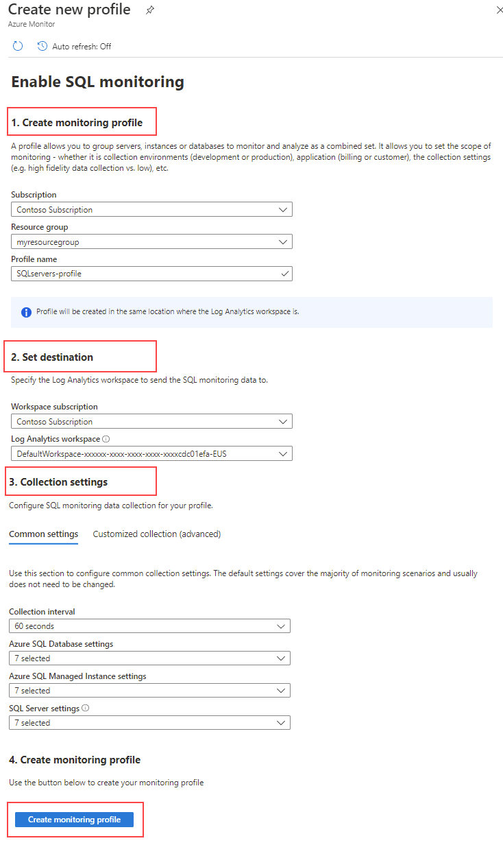 Screenshot of the create new profile page for SQL Insights.