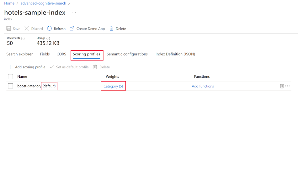 Screenshot of the Azure portal scoring profiles pane.