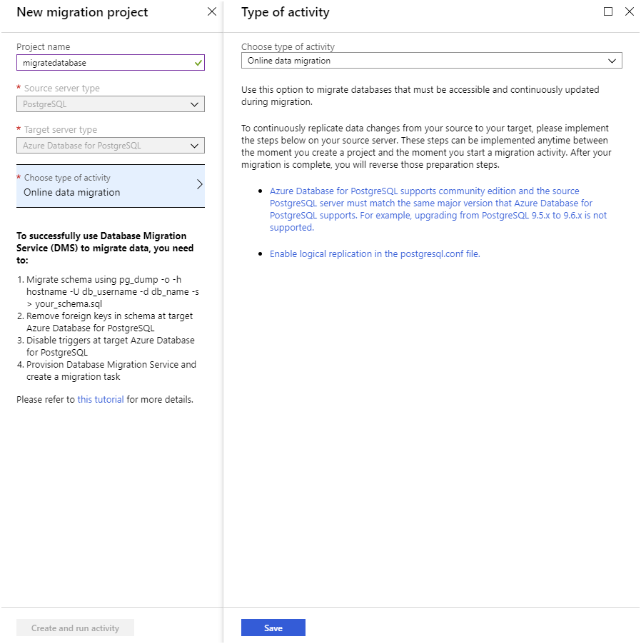 Image showing the migration project properties and instructions.