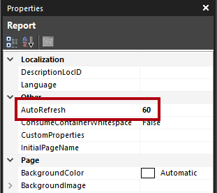 Screenshot of the report Auto Refresh property set to 60 seconds.