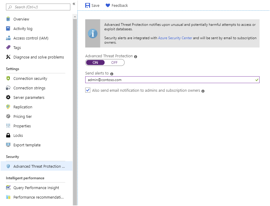 Image showing the Advanced Threat Protection page for Azure Database for MySQL or PostgreSQL