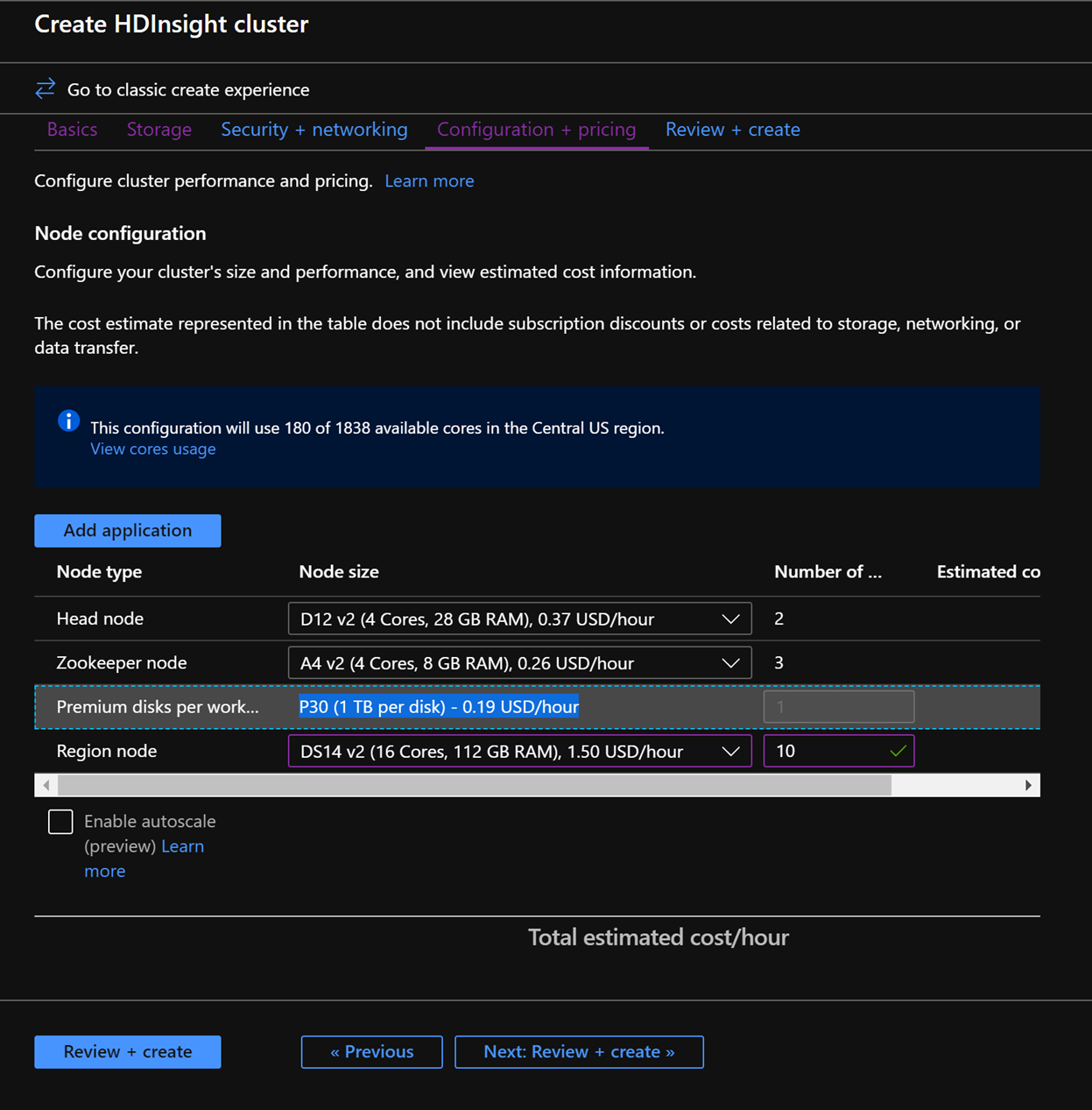 Configuring nodes within the Create HDInsight cluster screen.