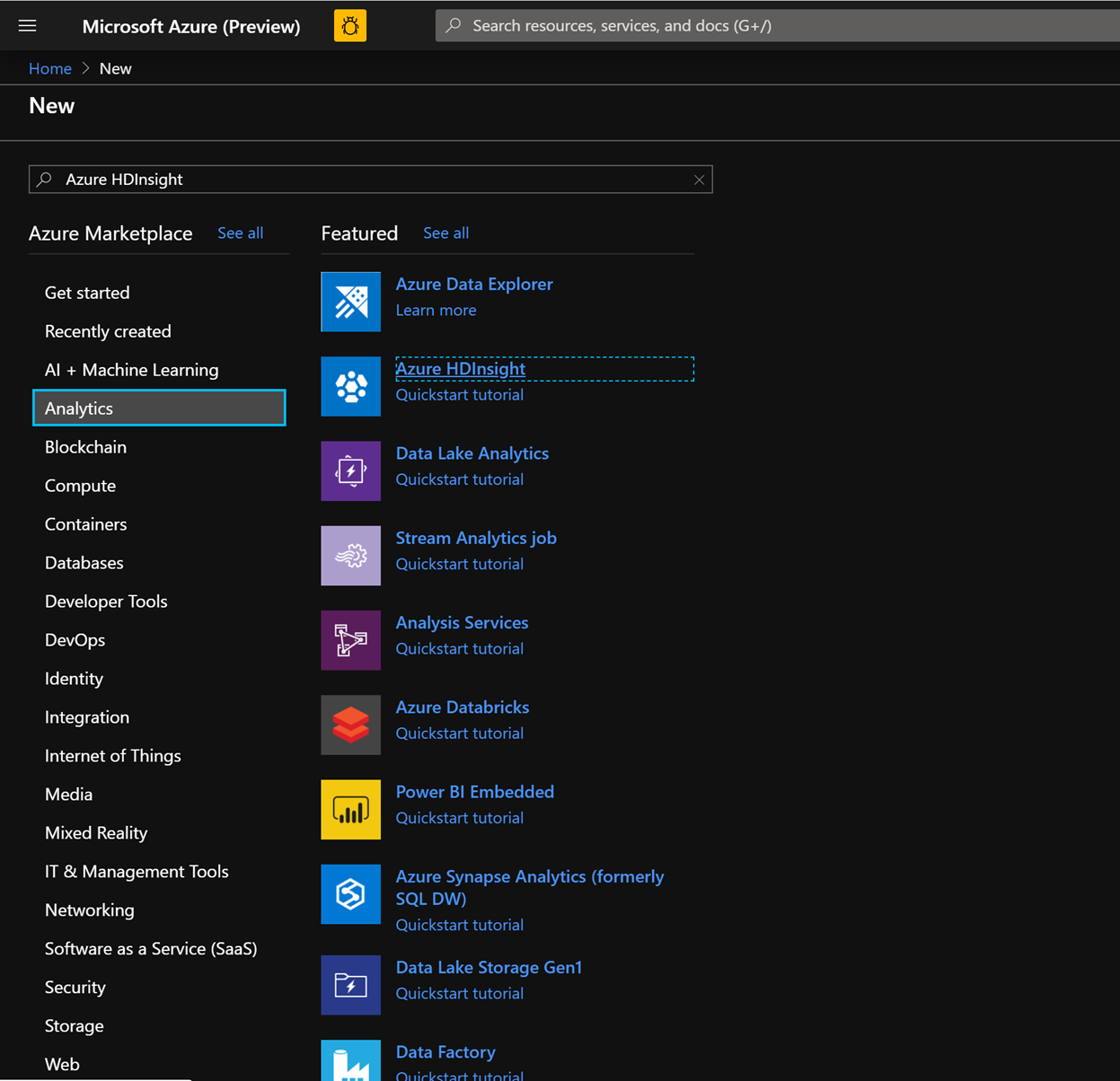 Screenshot shows Azure H D insight highlighted in Analytics in the Azure Marketplace.