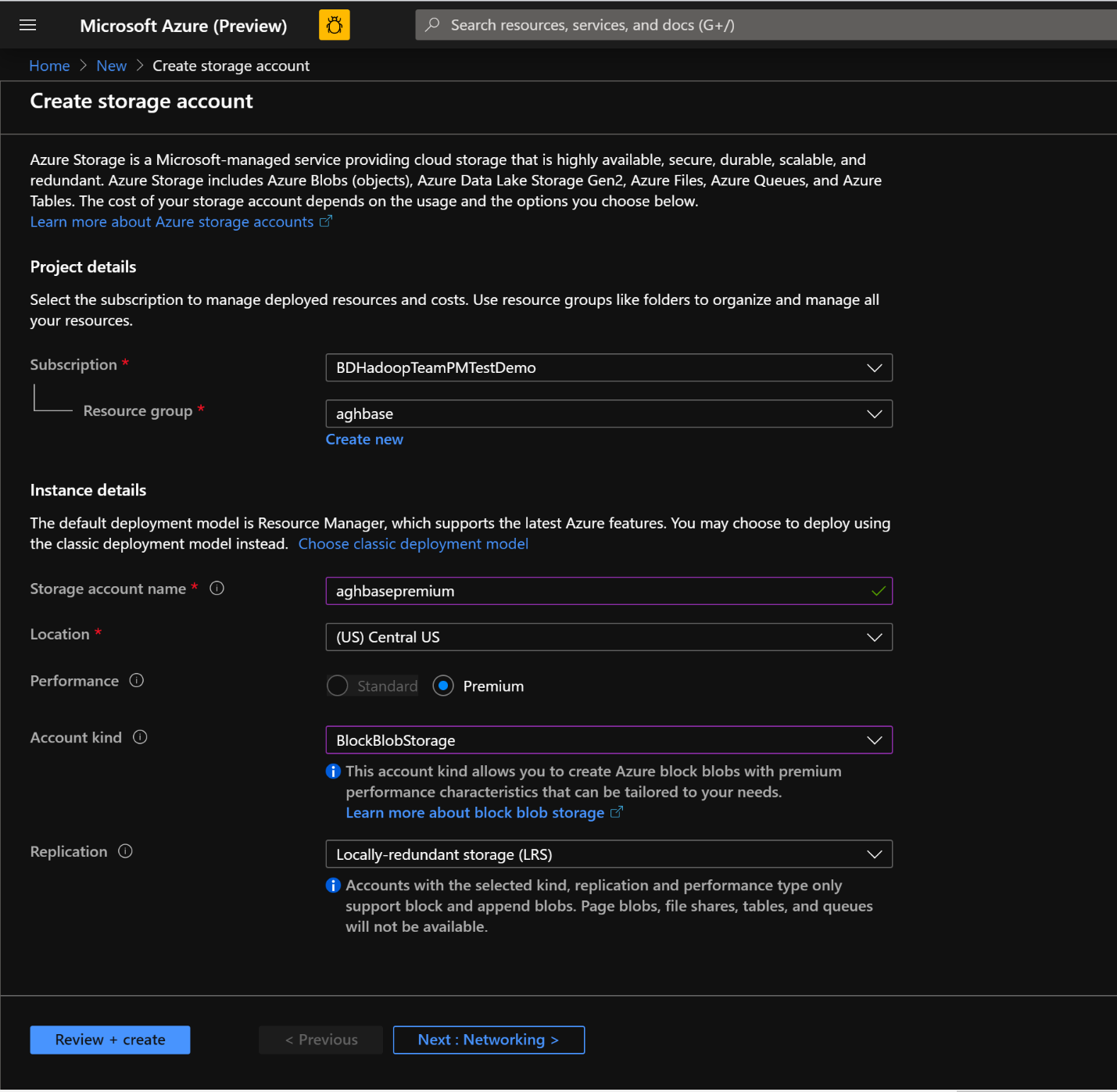 Create storage account screen in the Azure Portal.