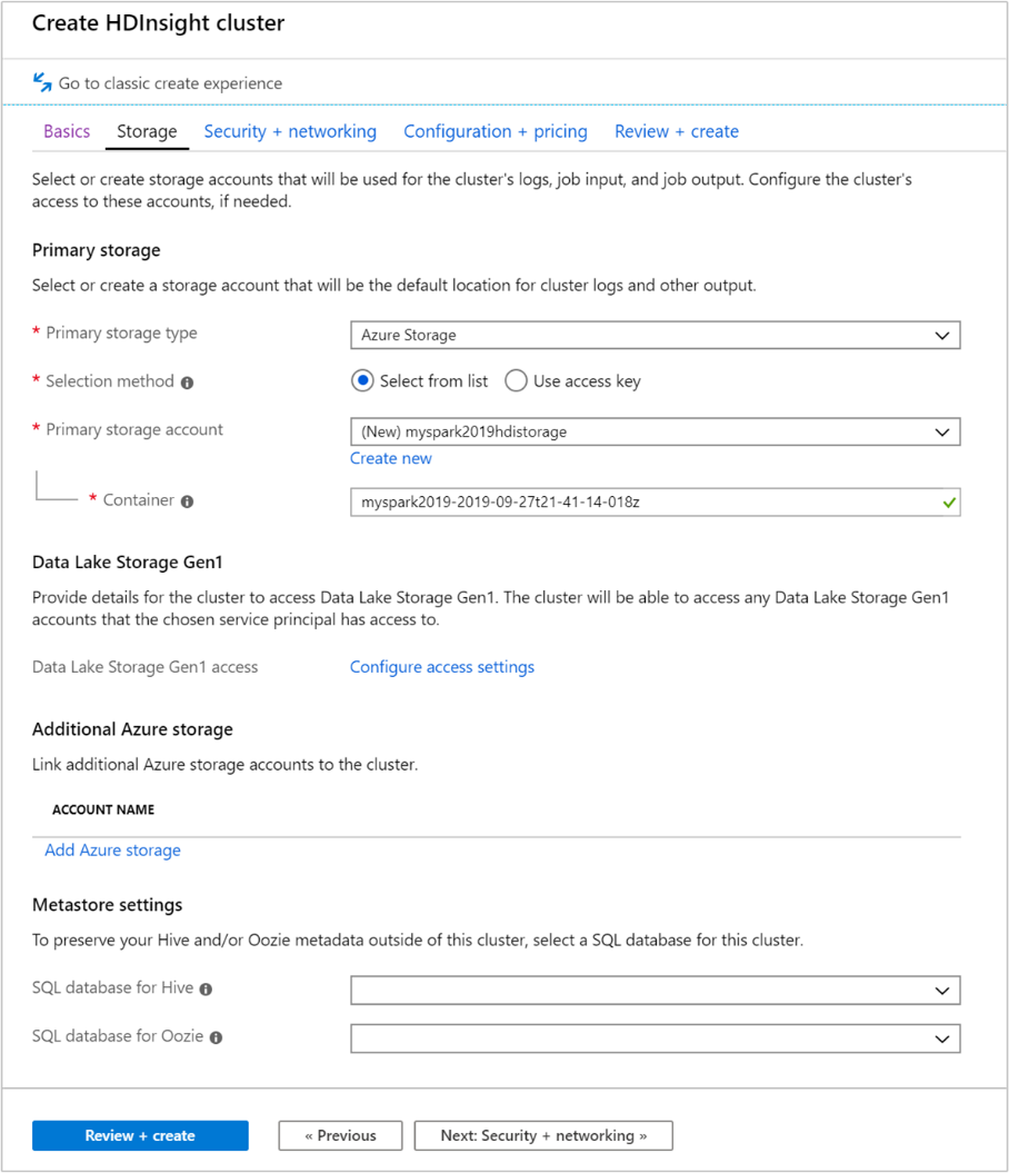 A screenshot of the storage tab in the Create Azure HDInsight Cluster screen in the Azure portal