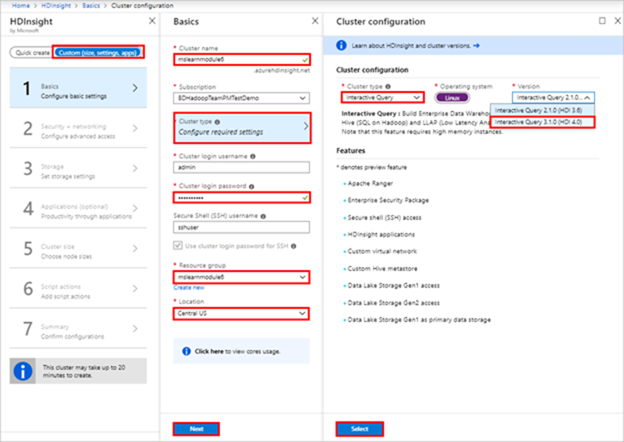 Screenshot shows the H D Insight, Basics, and Cluster configuration pages with multiple fields highlighted.