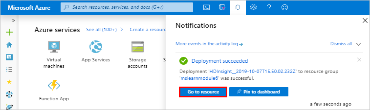 The HDInsight deployment succeeded screen in the Azure portal.