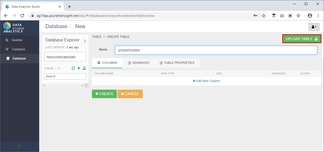 Upload table in the Data Analytics Studio application