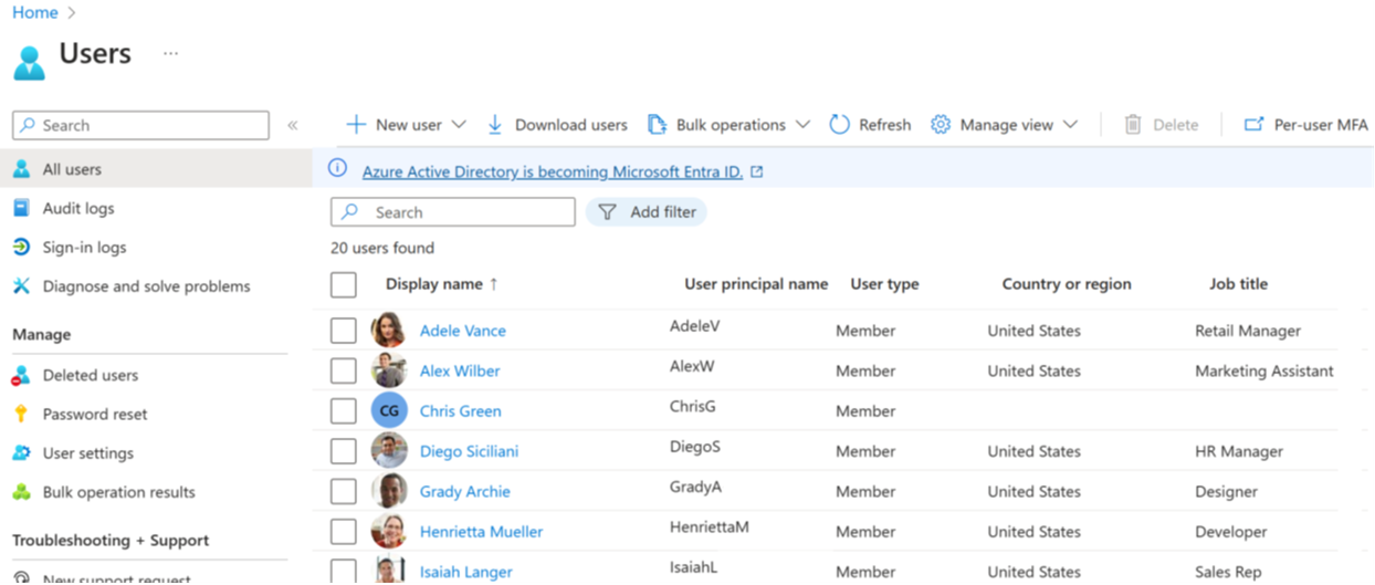 Screenshot of the All Users page of Microsoft Entra ID.  See users and information about them.