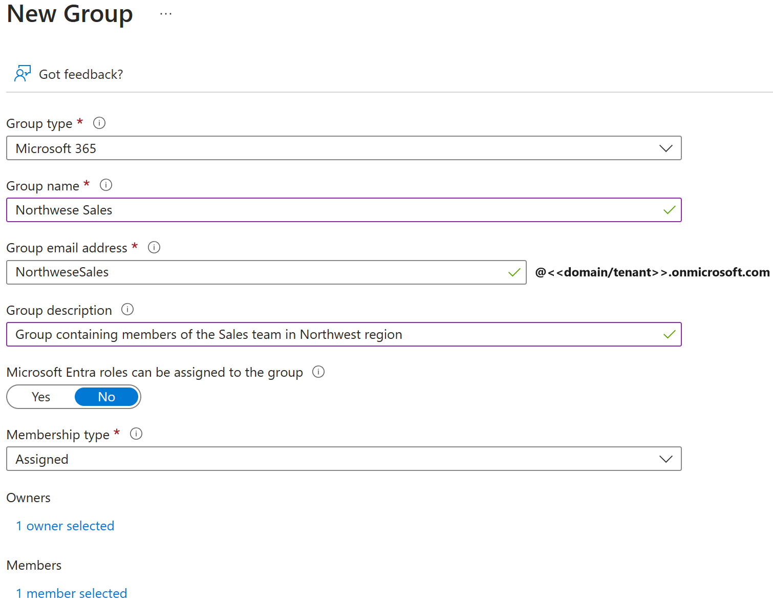 Screenshot of the New Group page with Group type, Group name, Owners, and Members highlighted.