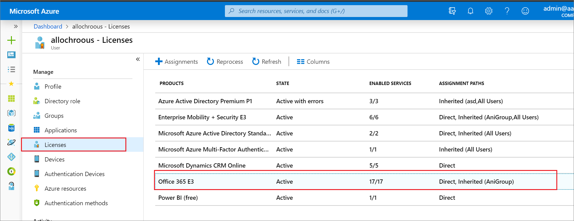 Screenshot of the Licenses page. See the license has direct assignments to some users, and that it has inherited users from a group.