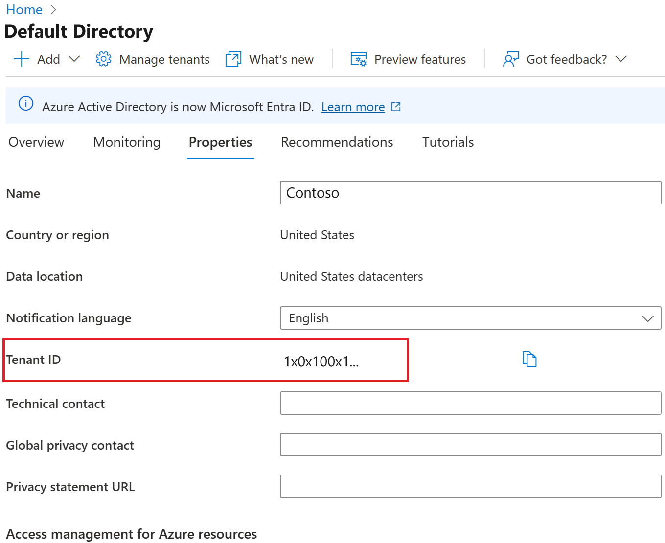 Screenshot of the Tenant properties page with the Tenant ID box highlighted.