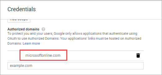 Screenshot of the Authorized domains section, showing with Google domains are valid.