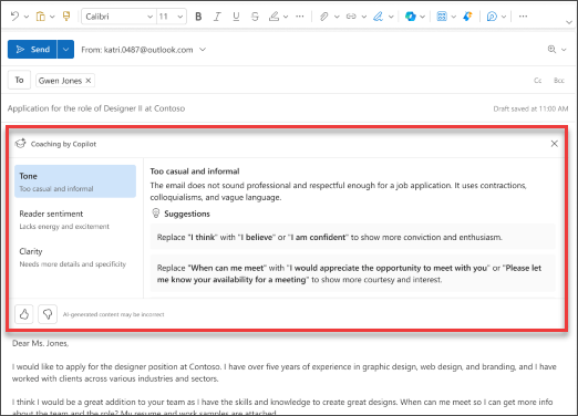 Screenshot showing Copilot's suggestions for tone, clarity, and reader sentiment in new Outlook.