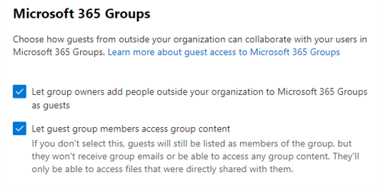 Screenshot of Microsoft 365 Groups guest settings in Microsoft 365 admin center.