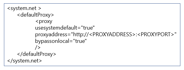 Diagram showing code for the machine.config file when an organization uses an outbound proxy for connecting to the internet.