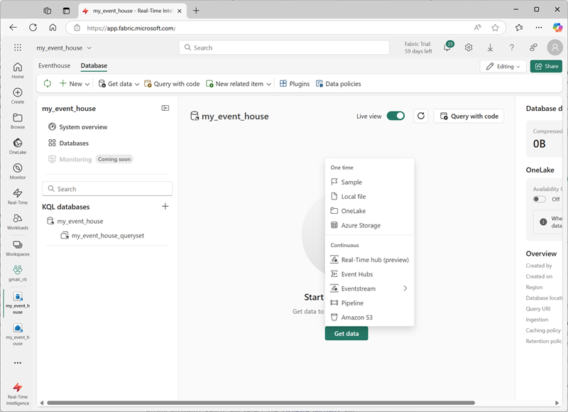 Screenshot of the Get Data menu for an eventhouse in Microsoft Fabric.