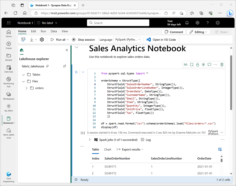 Screenshot of a notebook in Microsoft Fabric.