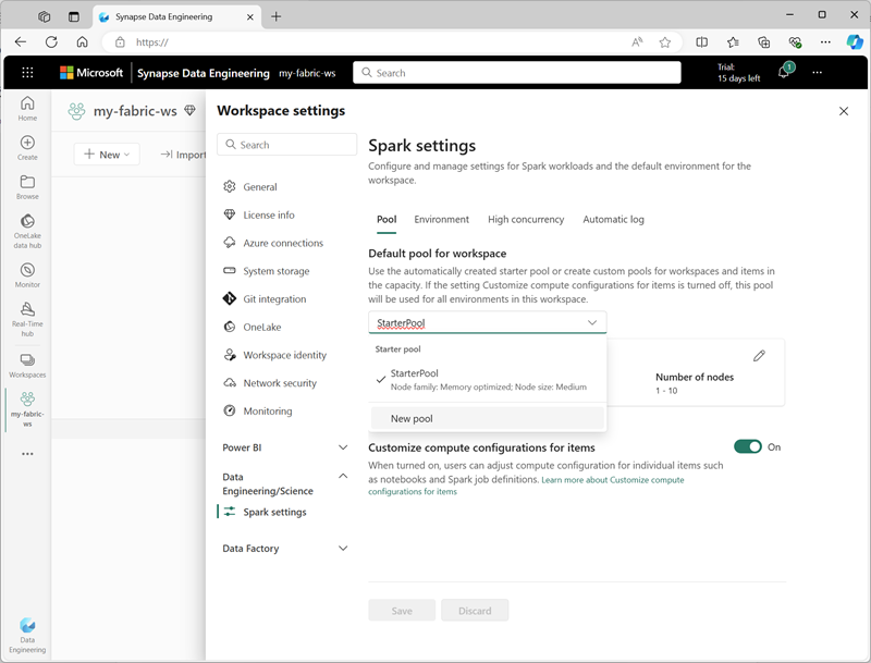 Screenshot of the Spark settings page in Microsoft Fabric.