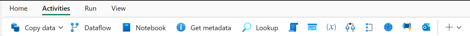 Screenshot of the data pipelines activities ribbon