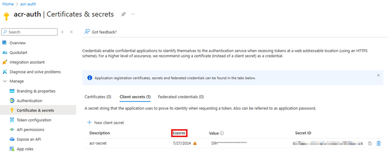 Screenshot that shows the ACR  'Expires' column.