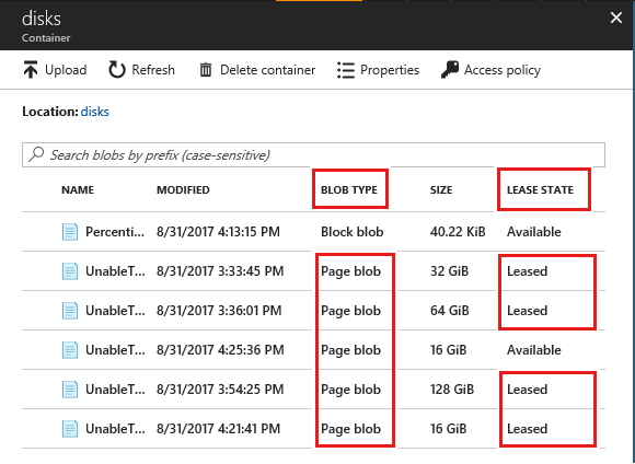 Screenshot of the portal with the Storage account blobs. The Lease State with Leased is highlighted.