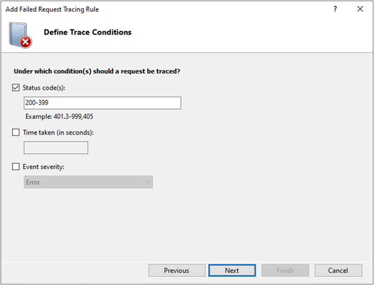 Screenshot of the Add Failed Request Tracing Rule. Status code is checked.