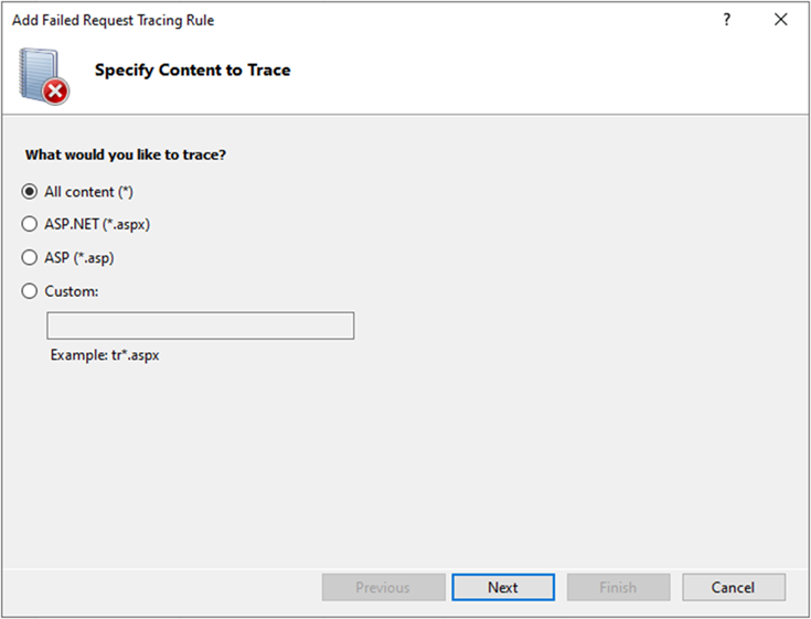 Screenshot of the Add Failed Request Tracing Rule window. All content is selected.