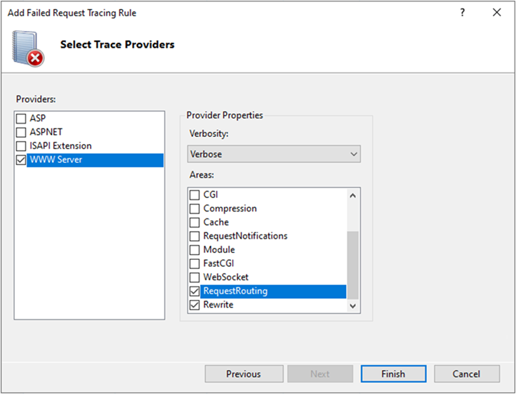 Screenshot of the Edit Failed Request Tracing Rule window. W W W server is selected in the Providers section.